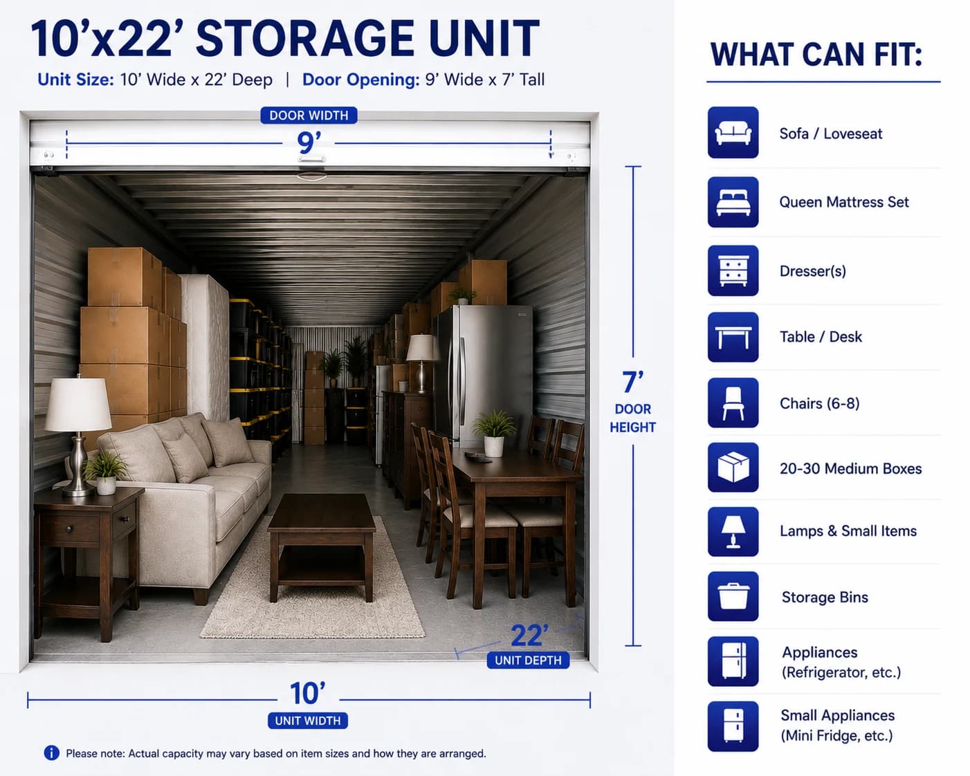 Diagram of a 10 by 22 foot indoor storage unit