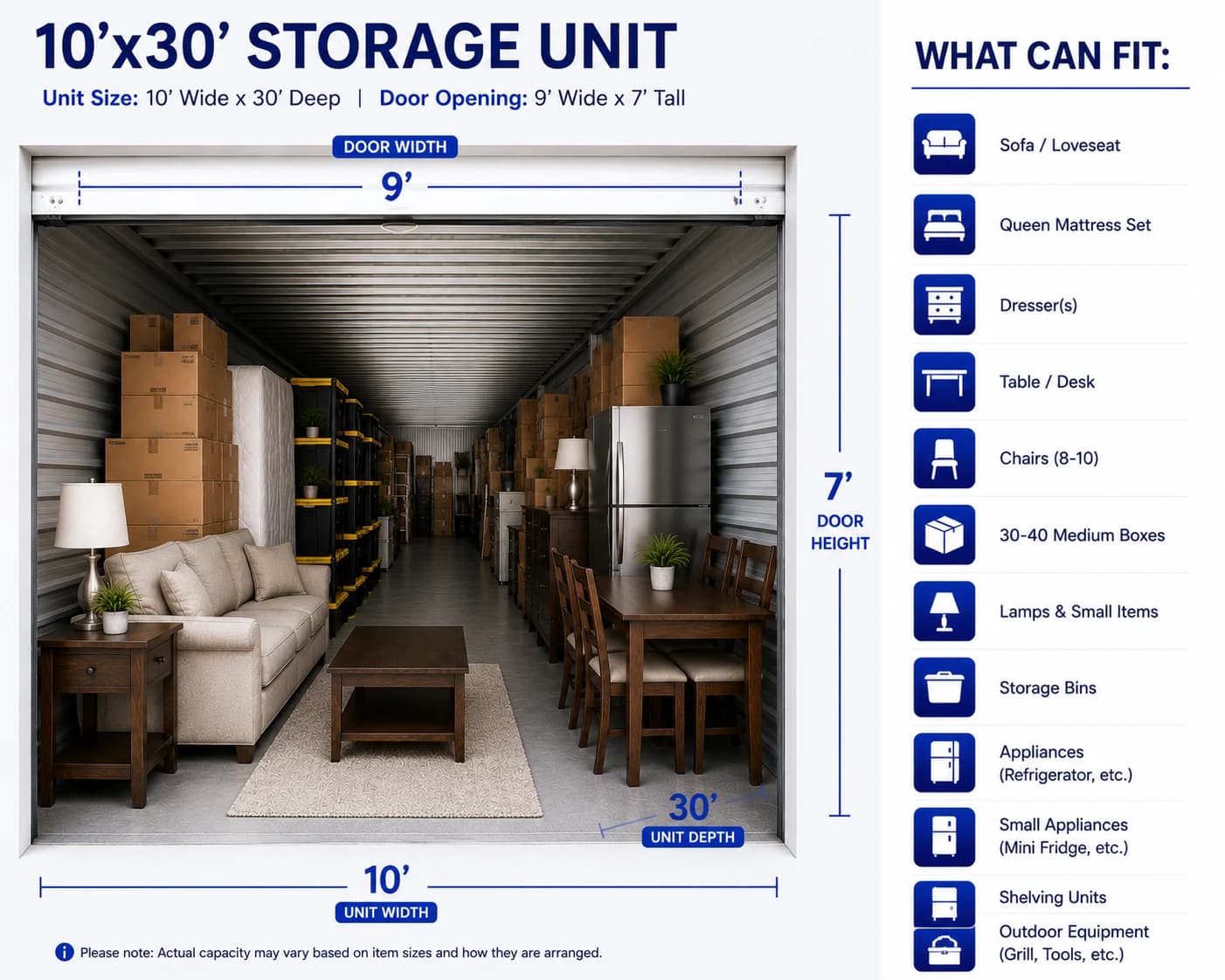 Diagram of a 10 by 30 foot indoor storage unit