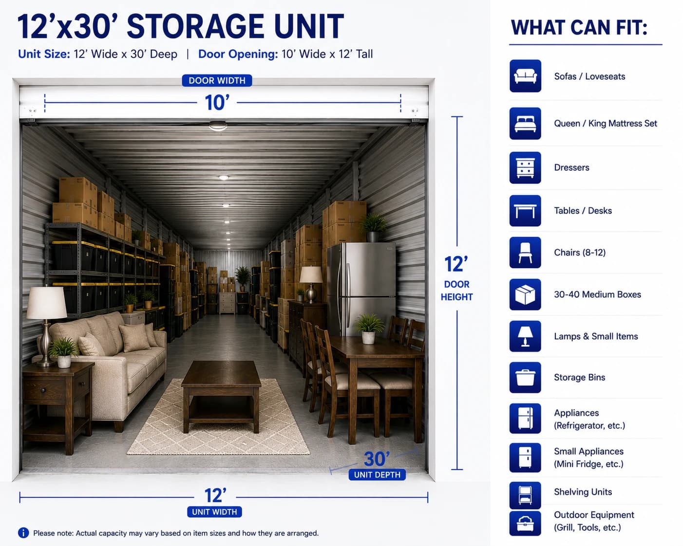 Diagram of a 12 by 30 foot premium indoor storage unit